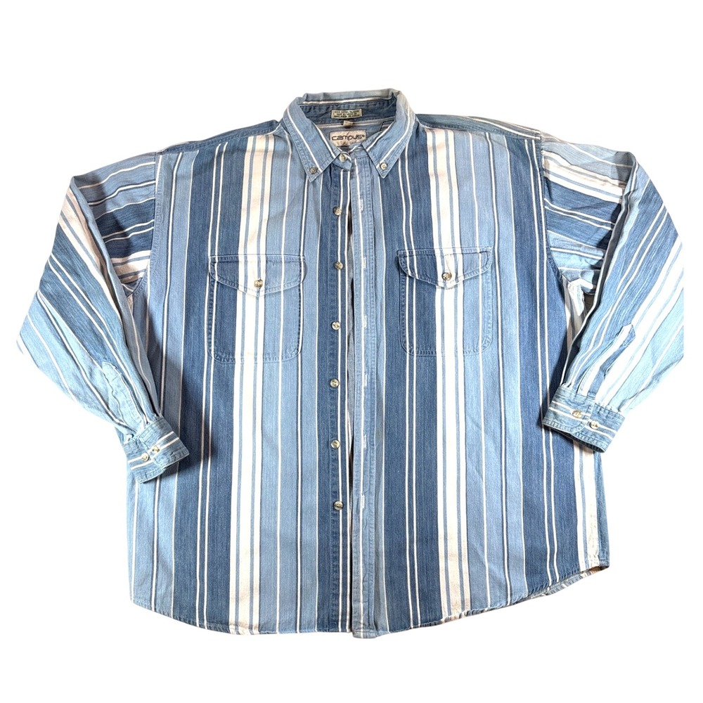 Campus Mens XL Blue White Vertical Stripe Cotton Denim Button Down Shirt RN45028